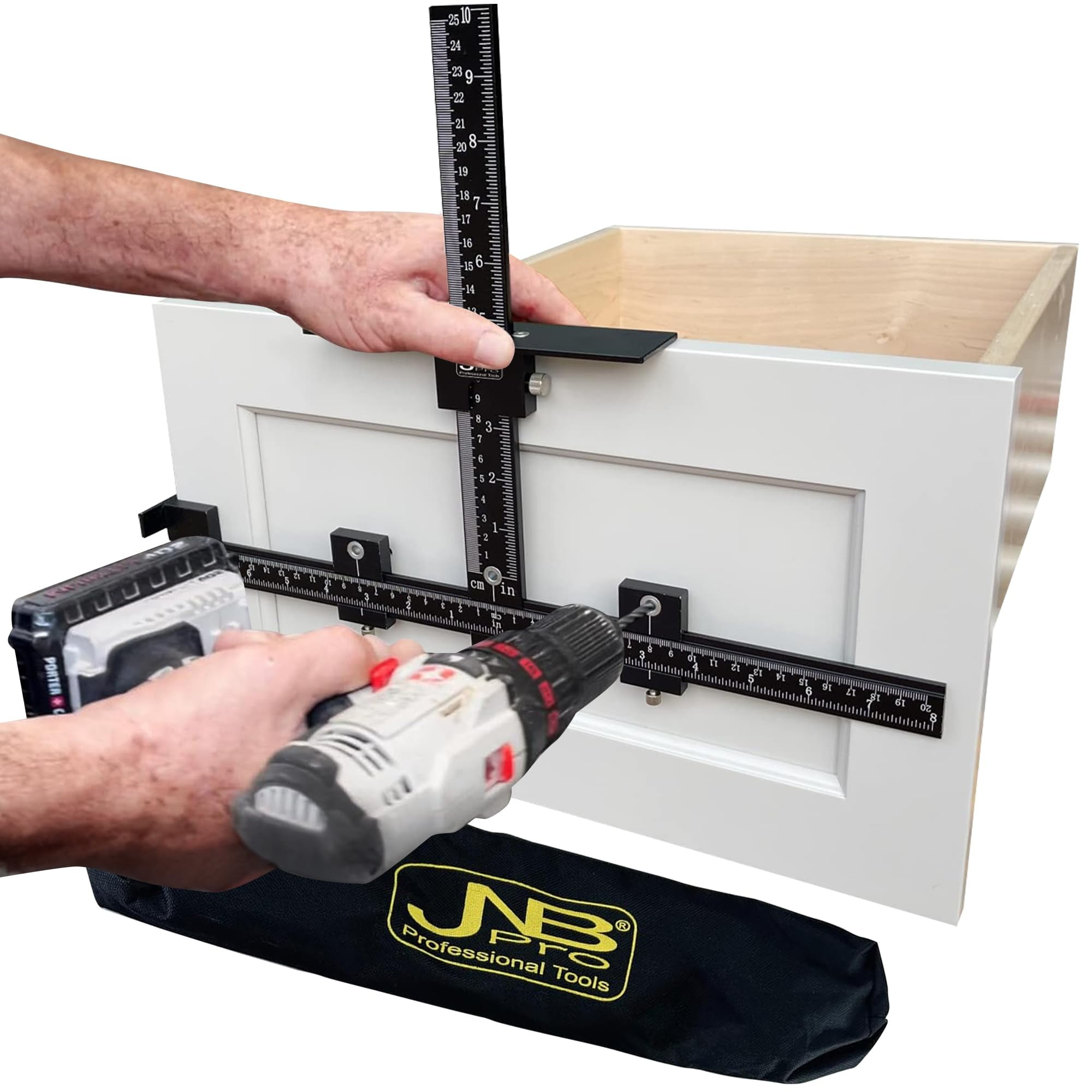 JNB Pro Cabinet Hardware Jig with Center Drill Guide, Hole Drilling for Drawer Handles and Pulls, Easy Install Tool - Full Aluminum Body with Free Carrying Case