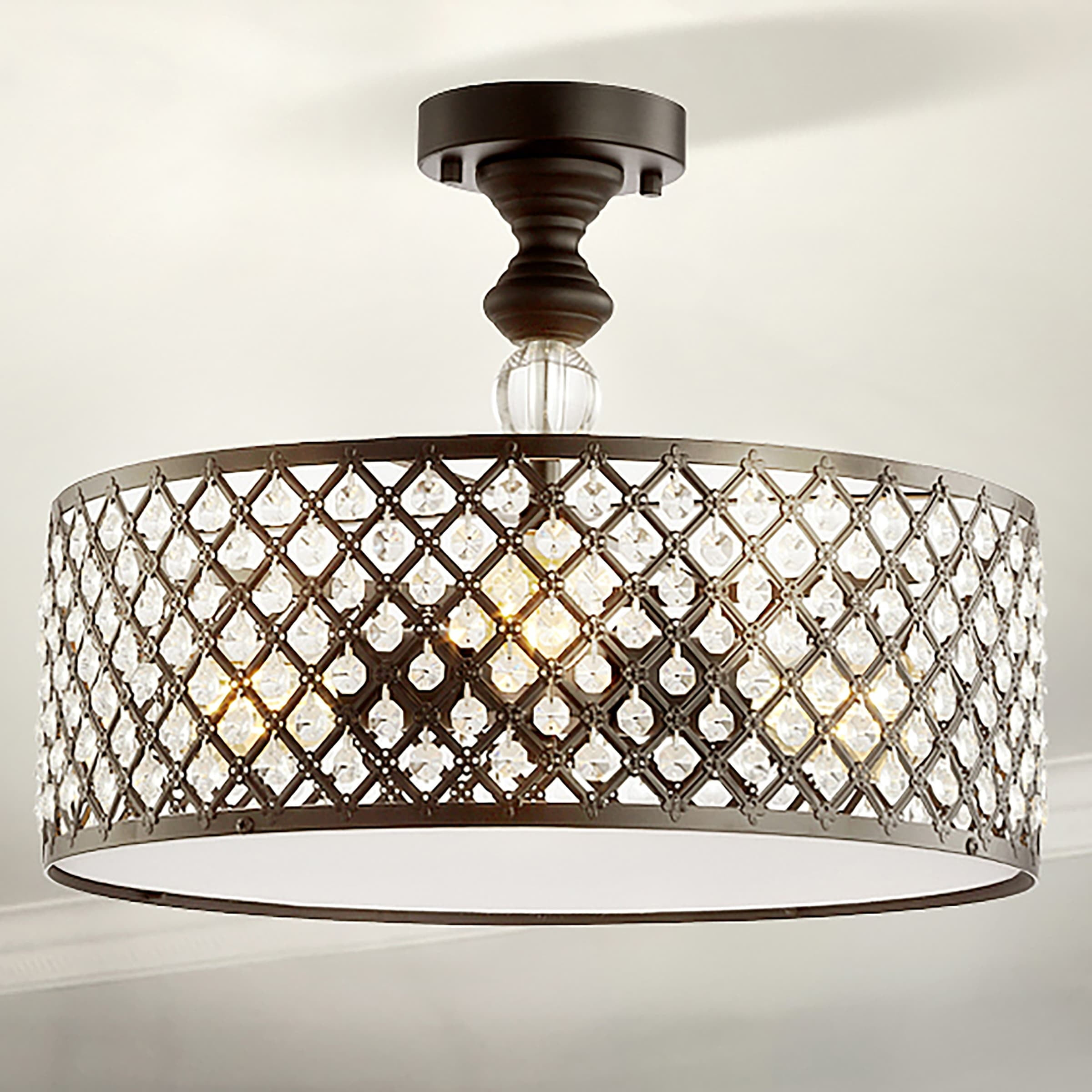 JONATHAN Y Ilsa 17" 3-Light Crystal/Metal Drum Semi-Flush Mount, Black by JONATHAN  Y
