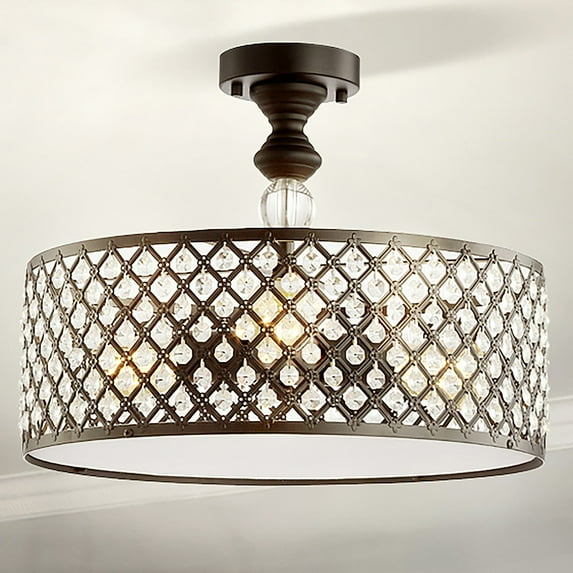 JONATHAN Y Ilsa 17" 3-Light Crystal/Metal Drum Semi-Flush Mount, Black by JONATHAN  Y