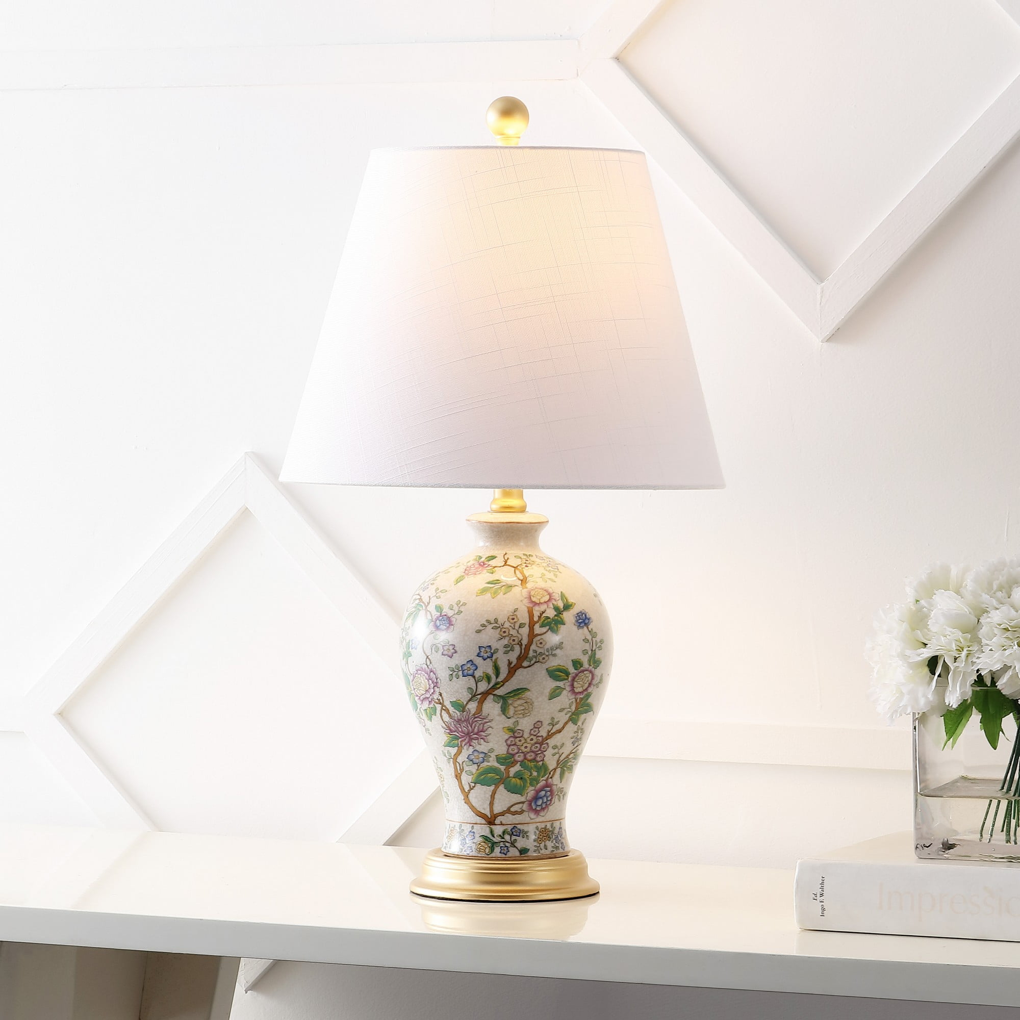 JONATHAN Y JYL3009A Grace 24" French Country Cottage Ceramic/Iron Floral Urn LED Table Lamp, Classic, Traditional, Transitional for living room, dinning room, bedroom Bulb Included, Multi/Gold