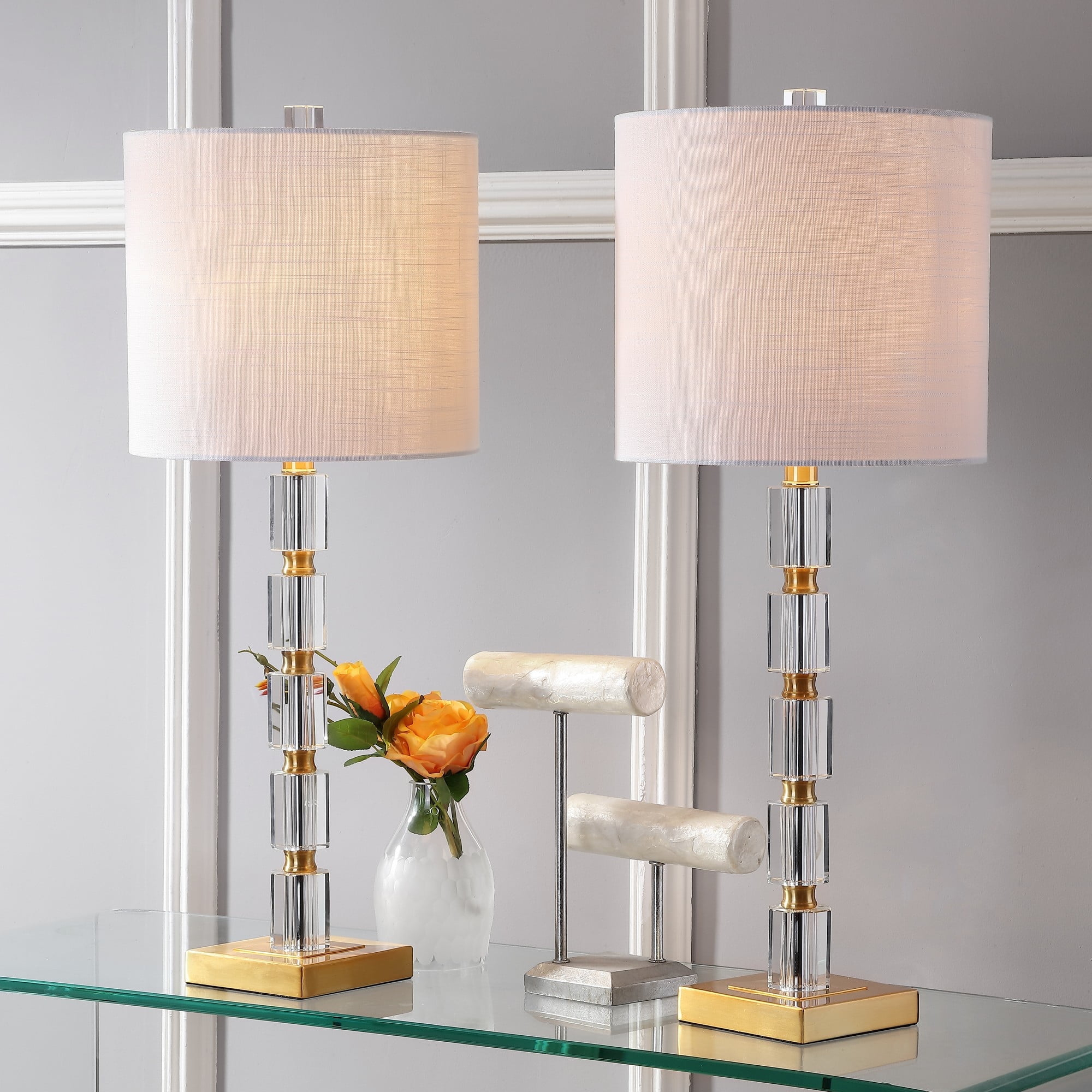 JONATHAN Y JYL5001A-SET2 Claire 28.5" Crystal LED Table Lamp, Clear/Brass (Set of 2)