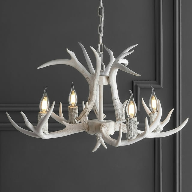 JONATHAN Y JYL6301B Eldora 26" Adjustable Resin Antler 4-Light LED Chandelier, Farmhouse, Glam, Transitional, Rustic, Cottage for living room, dinning room, bedroom, office Bulb Included, White