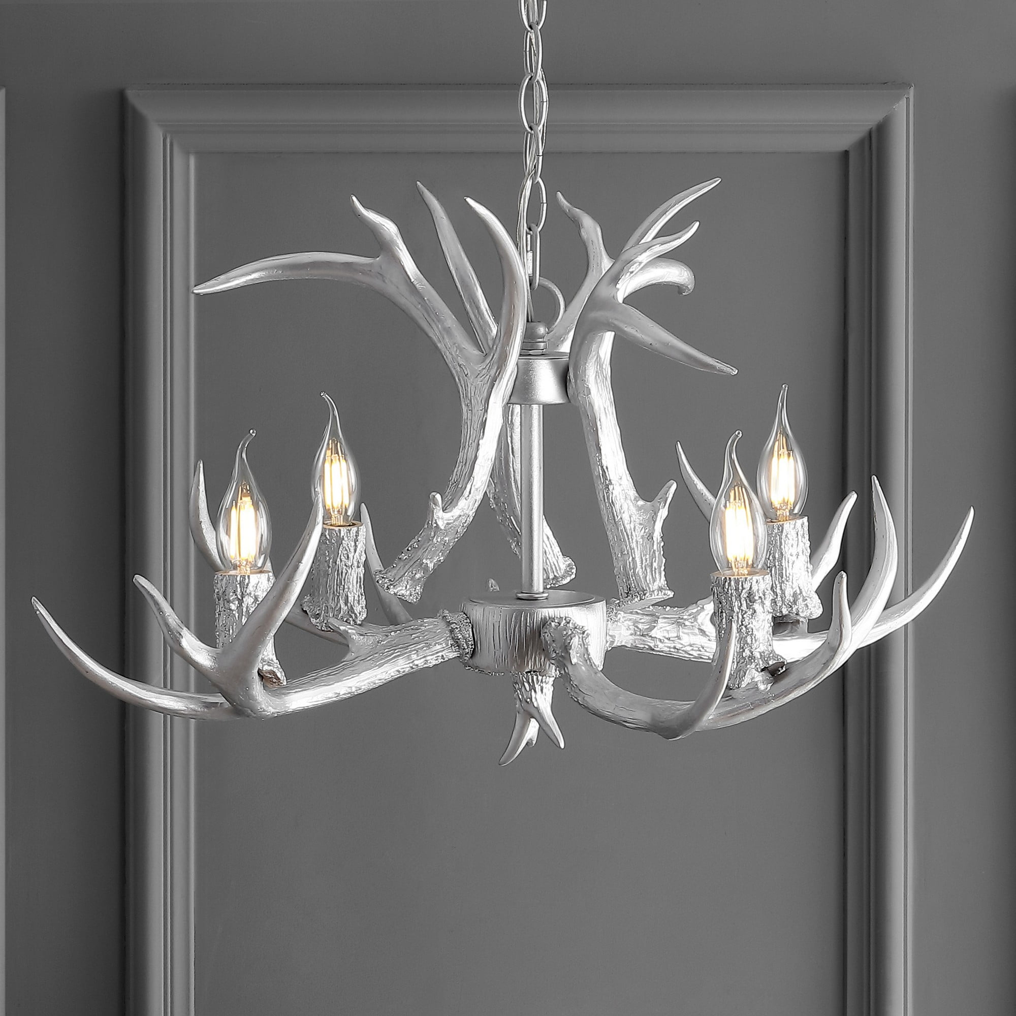 JONATHAN Y JYL6301C Eldora 26" Adjustable Resin Antler 4-Light LED Chandelier, Farmhouse, Glam, Transitional, Rustic, Cottage for living room, dinning room, bedroom, office Bulb Included, Silver