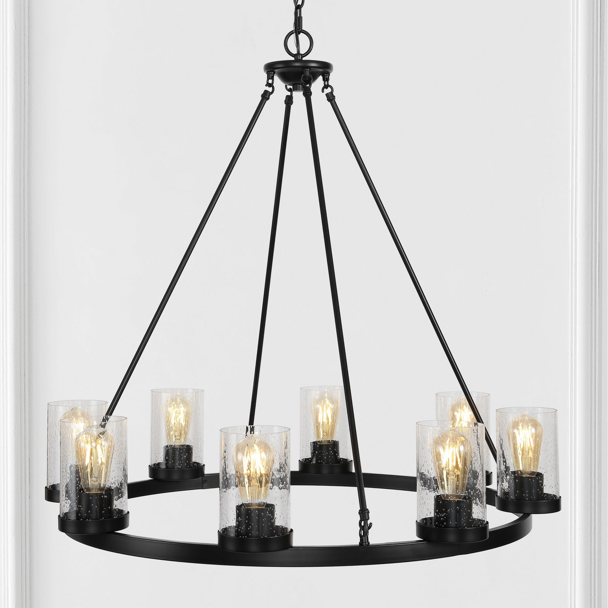 JONATHAN Y JYL7554A Coronet 33.5" 8-Light Iron/Seeded Glass Rustic Farmhouse Round LED Chandelier, Industrial, Vintage for living room, dinning room, bedroom Bulb Included, Oil Rubbed Bronze