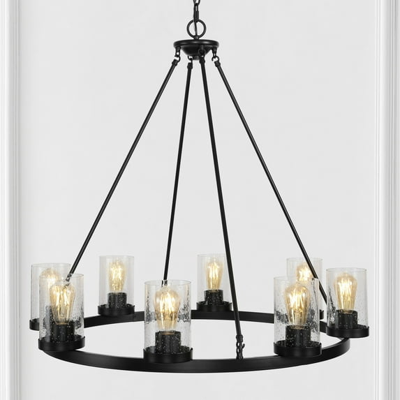 JONATHAN Y JYL7554A Coronet 33.5" 8-Light Iron/Seeded Glass Rustic Farmhouse Round LED Chandelier, Industrial, Vintage for living room, dinning room, bedroom Bulb Included, Oil Rubbed Bronze
