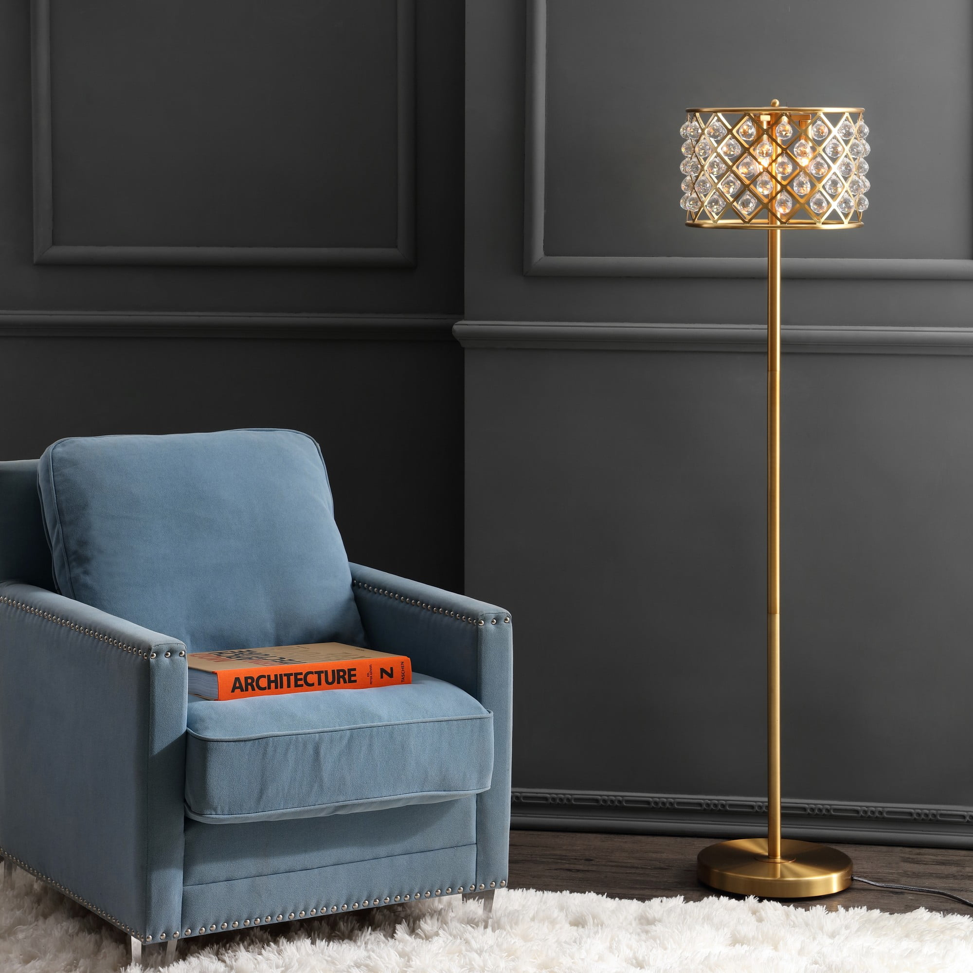 JONATHAN Y JYL9000A Elizabeth 60" Crystal/Metal LED Floor Lamp, Contemporary, Transitional for living room, dinning room, bedroom, office Bulb Included, Brass Gold/Clear