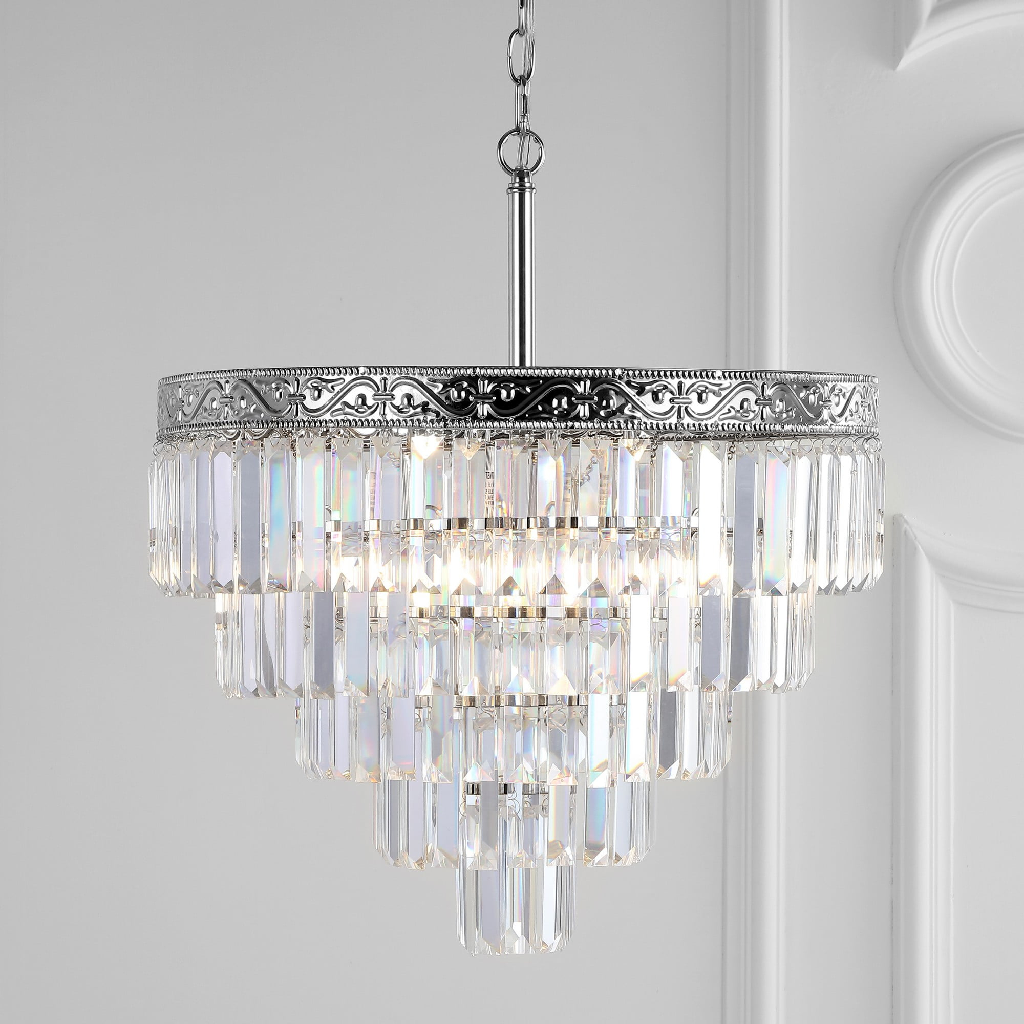 JONATHAN Y JYL9007A Wyatt 20" 4-Light Crystal LED Chandelier, Contemporary, Classic, Traditional for living room, dinning room, bedroom, office Bulb Included, Polished Nickel/ Clear