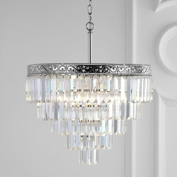 JONATHAN Y JYL9007A Wyatt 20" 4-Light Crystal LED Chandelier, Contemporary, Classic, Traditional for living room, dinning room, bedroom, office Bulb Included, Polished Nickel/ Clear