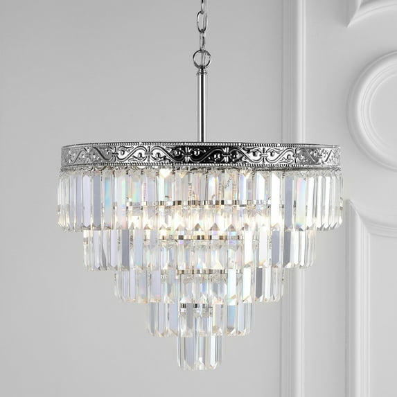JONATHAN Y Wyatt 20" 4-Light Crystal LED Chandelier, Polished Nickel/ Clear, JYL9007A