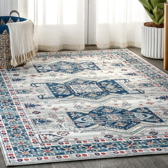 JONATHAN Y MDP108A-8 Modern Persian Vintage Medallion Blue/Light Grey 8 ft. x 10 ft. Area Rug, Country Floral, Pet Friendly, Stain Resistant, Easy to Clean, for Living Room; Kitchen, Bedroom