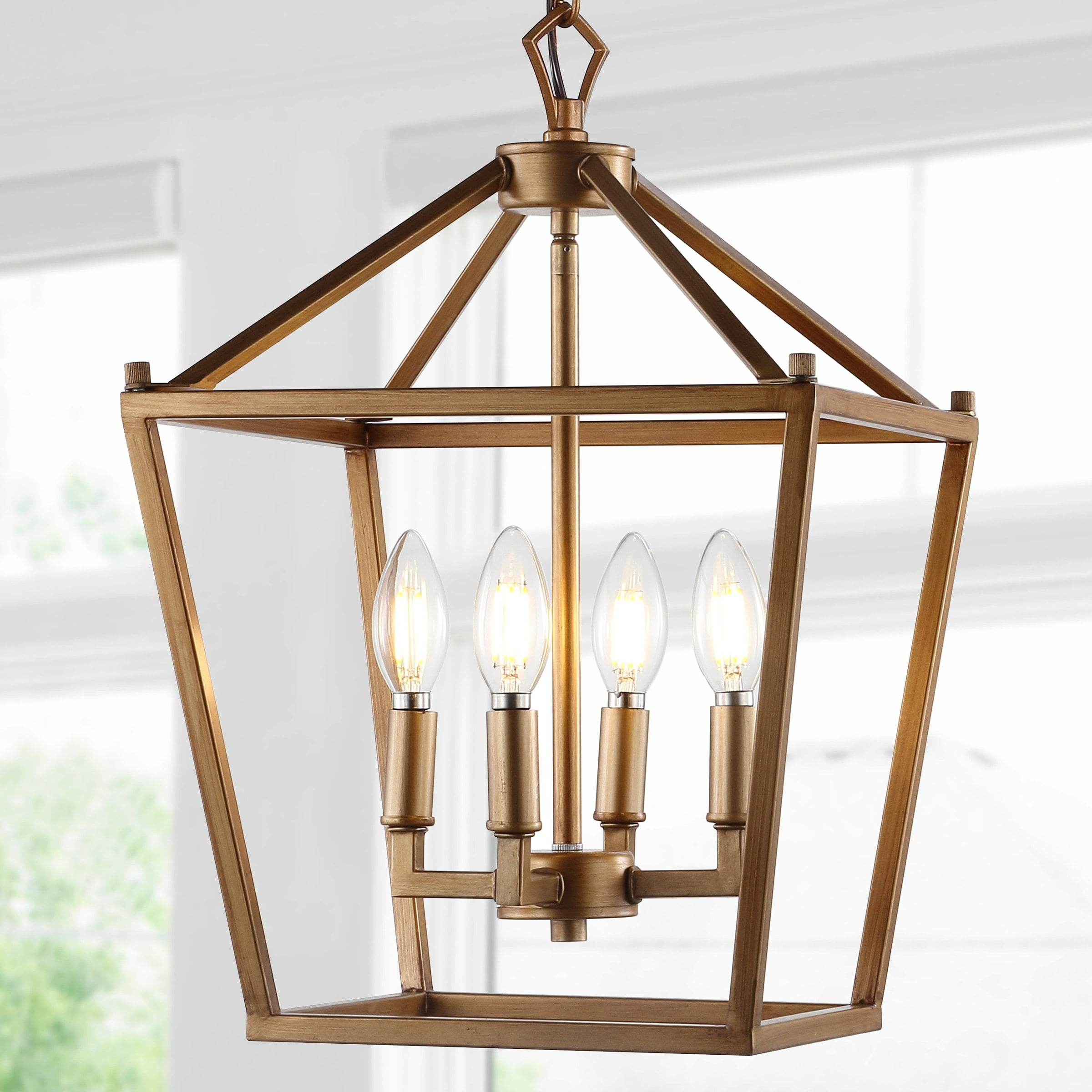 JONATHAN Y Marion Lantern Metal LED Pendant, by JONATHAN  Y Antique Gold 4 12" Antiqued Adjustable N/A,Gold 7 to 12 Inches