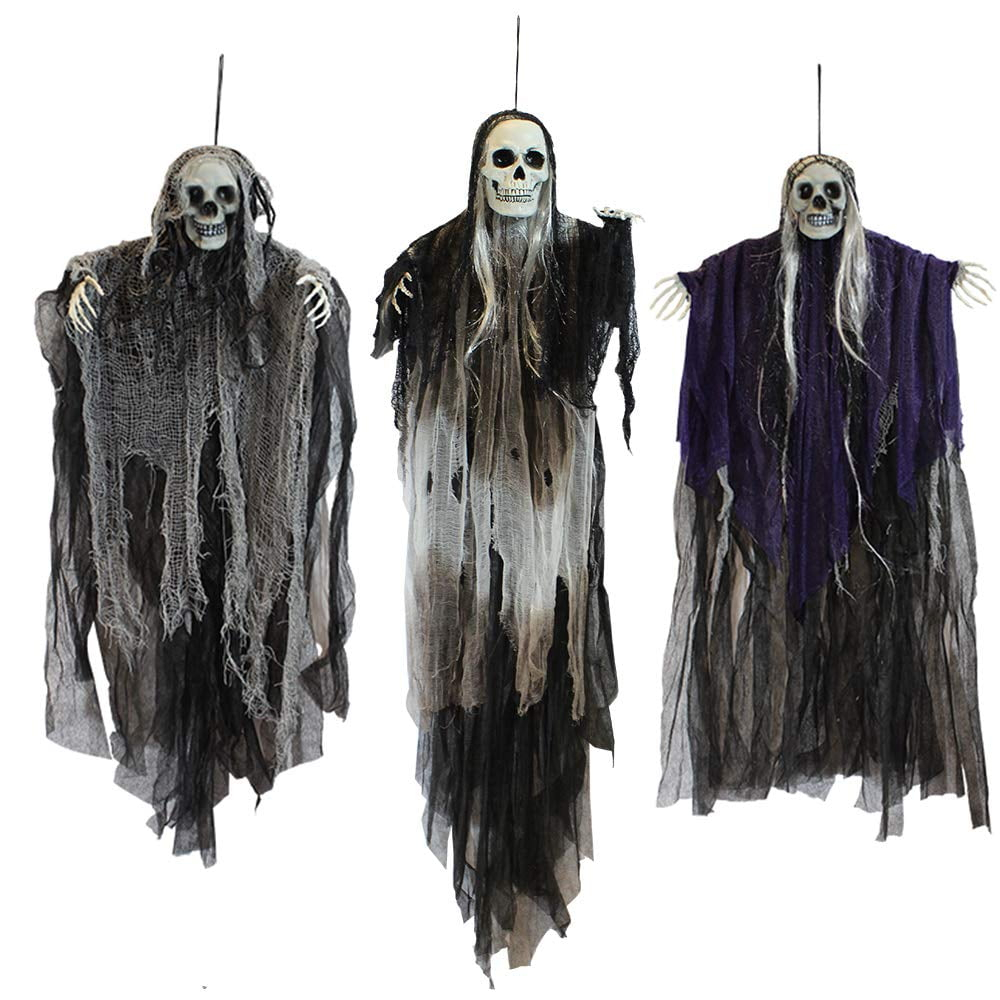 Nmdmisc 3 Pack Hanging Halloween Skeleton Ghosts Decorations,Halloween Hanging Ghost Electric Luminous Horror Decorations Haunted House Confidential Room Scene Layout Outdoor Hanging Props