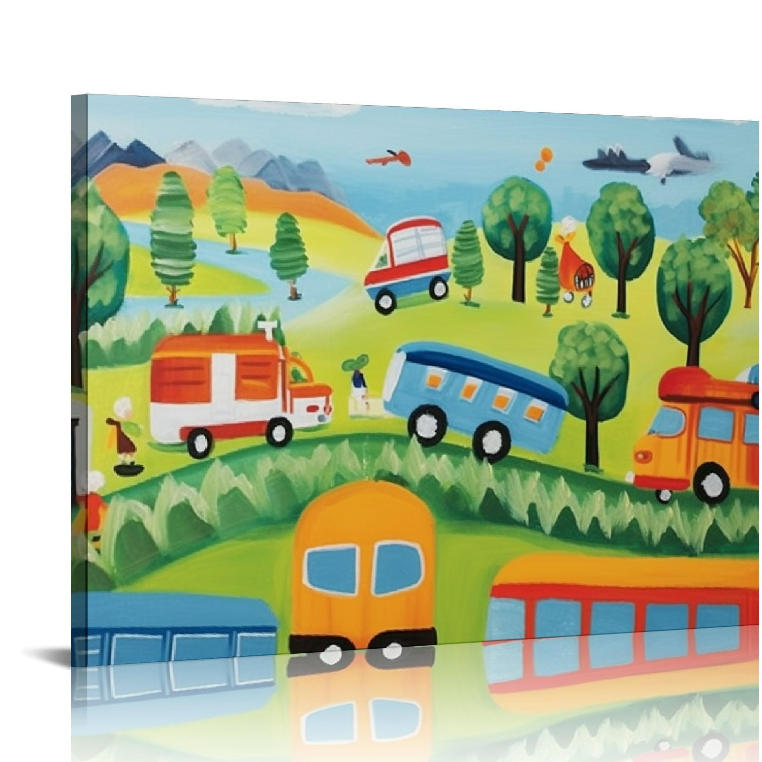 JRXY  The Kids Room Trains, and Automobiles Canvas Wall Art 20x16in