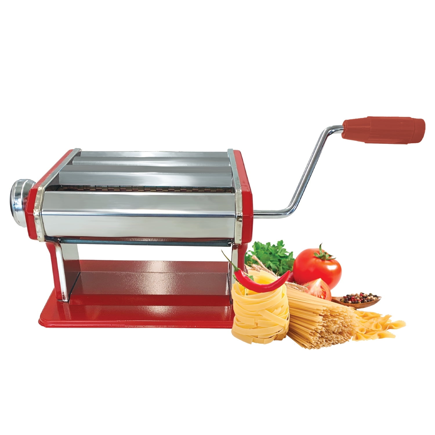 JS Gourmet - Manual Pasta Machine in Stainless Steel, 2 Adjustable Cutting Rollers, Red