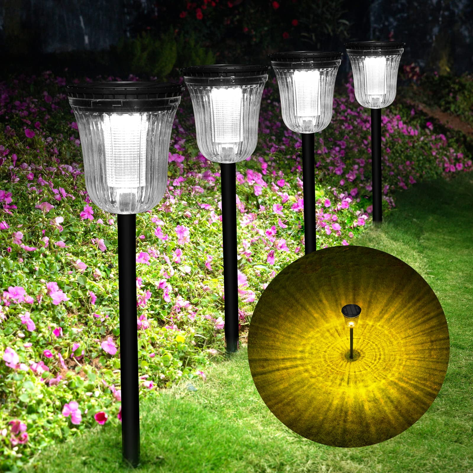 JSOT 4 Pack Solar Pathway Lights Outdoor Waterproof, 200LM Solar Path Lights, Super Bright Solar Garden Lights for Yard Lawn Walkway Driveway, Warm/White Light