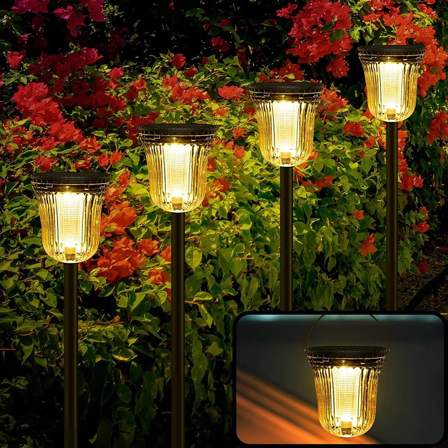 JSOT 4 Pack Solar Pathway Lights Outdoor Waterproof, 200LM Solar Path Lights, Super Bright Solar Garden Lights for Yard Lawn Walkway Driveway, Warm/White Light