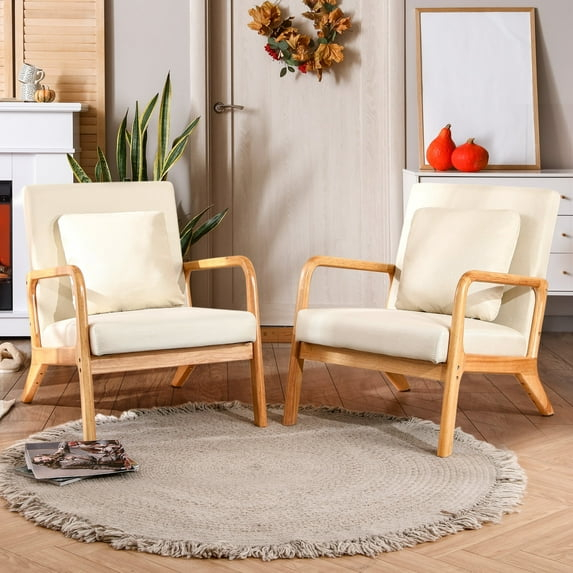 JULY'S SONG Mid-Century Wood Upholstered Fabric Solid Print Armchair, Beige (Set of 2)