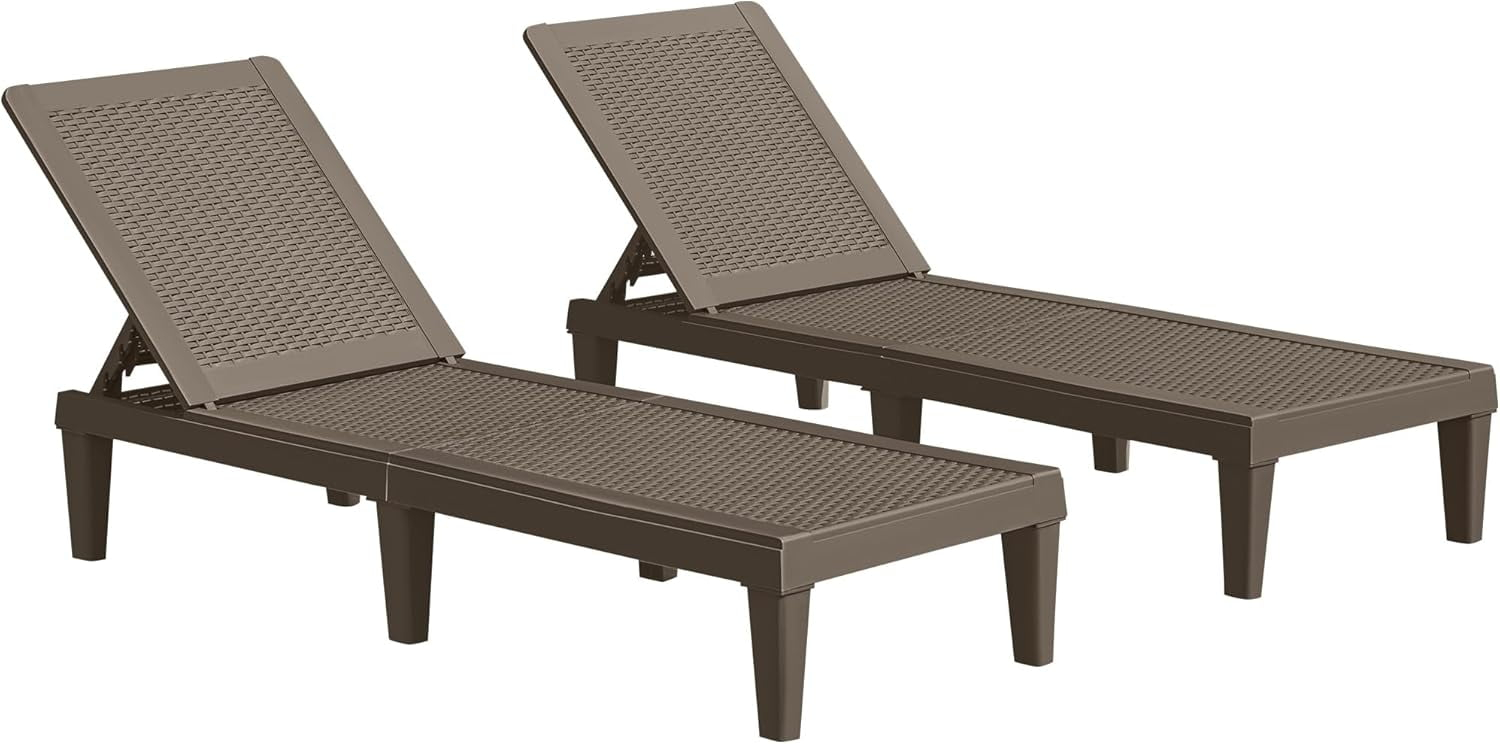 JUMMICO Patio Chaise Lounge Chair Set of 2 Outdoor PE Waterproof Adjustable Easy Assembly Lounge Chairs for Outside Pool Garden Deck Beach (Light Brown, Set of 2)