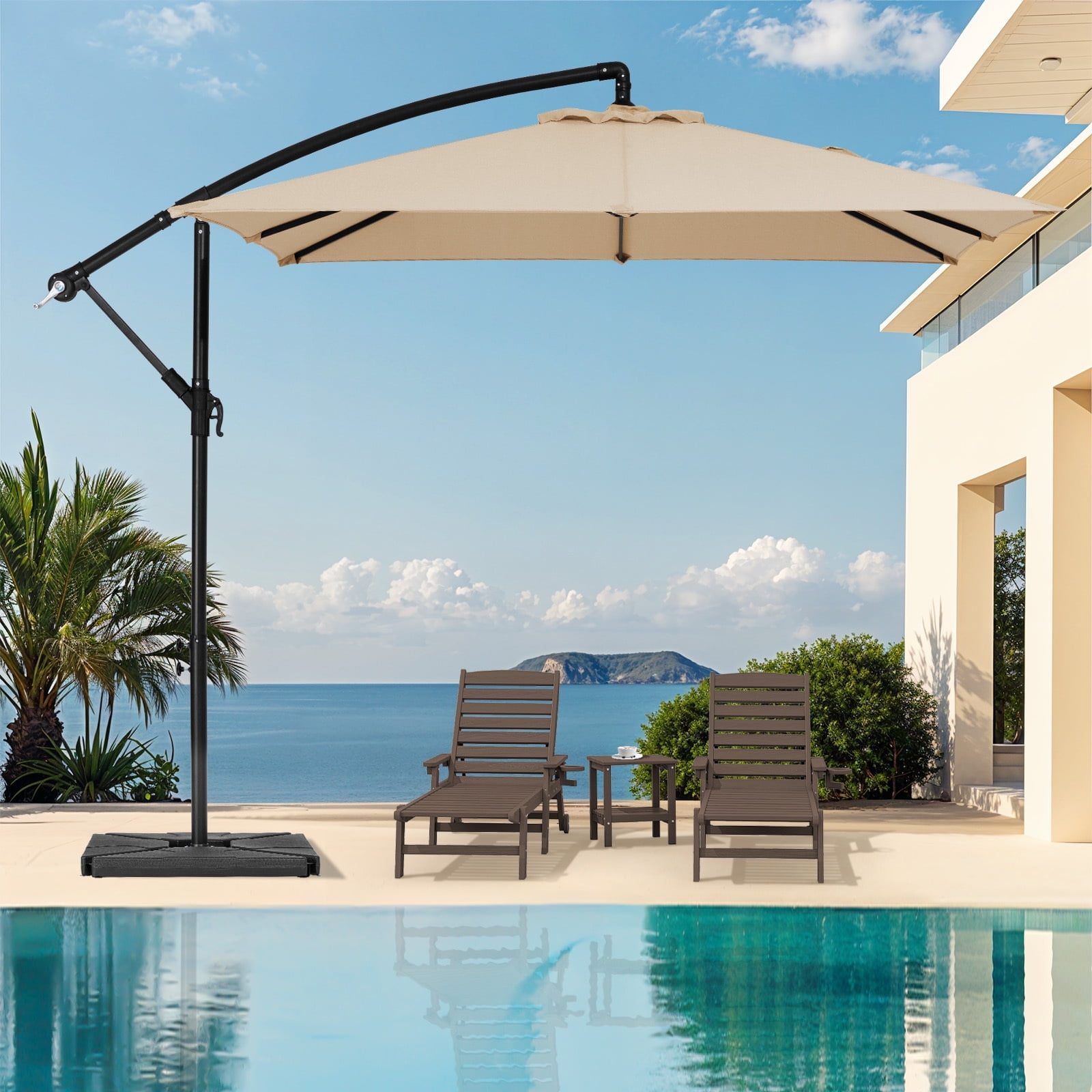 JUSTLET 8 x 8 ft Outdoor Square Hanging Offset Cantilever Umbrella for Garden, Base Included, Beige