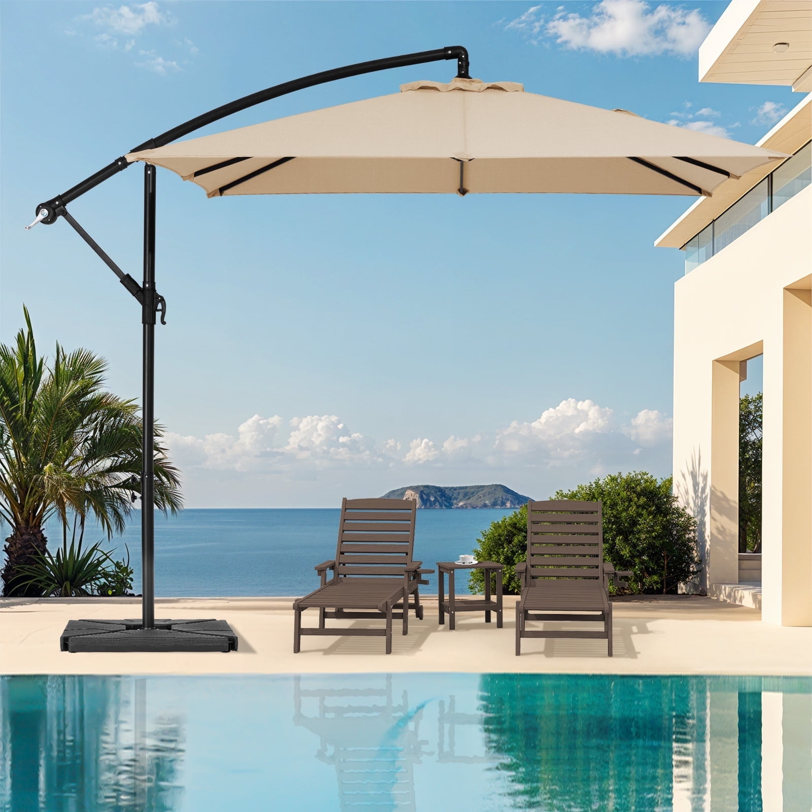 JUSTLET 8 x 8 ft Outdoor Square Hanging Offset Cantilever Umbrella for Garden, Base Included, Beige