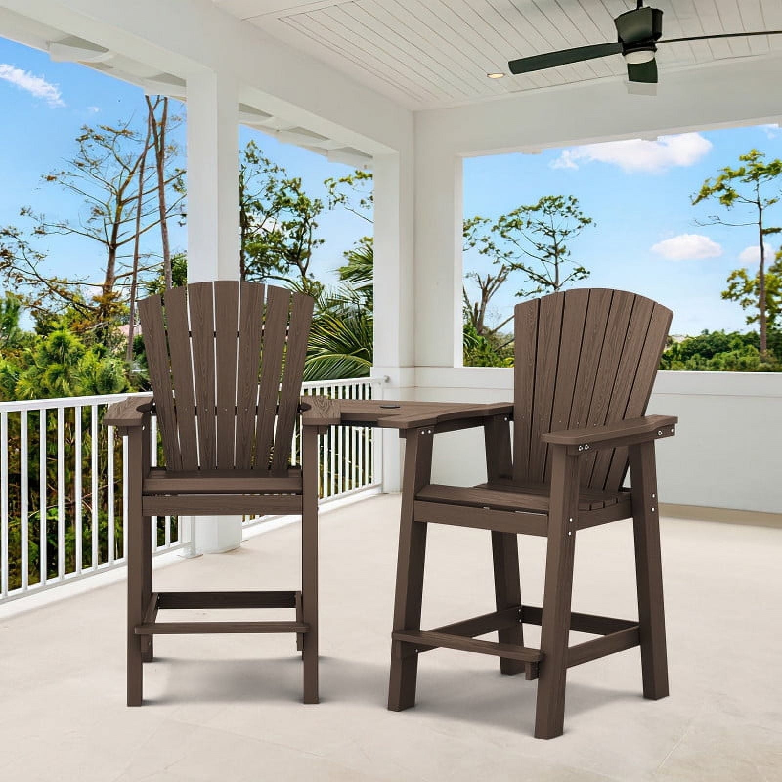 JUSTLET Tall Plastic Adirondack Chair Set of 2 W/ Outdoor Barstools and Connecting Tray, Brown