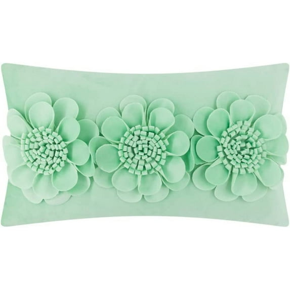 JWH 3D Hanmade Flower Accent Pillow Case Handmade Aesthetic 3D Floral Cushion Cover Decorative Rectangle Velvet Pillowcases for Home Bed Living Room Decor Girl Gift 12x20 inch in Mint Green