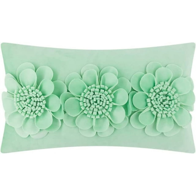 JWH 3D Hanmade Flower Accent Pillow Case Handmade Aesthetic 3D Floral Cushion Cover Decorative Rectangle Velvet Pillowcases for Home Bed Living Room Decor Girl Gift 12x20 inch in Mint Green