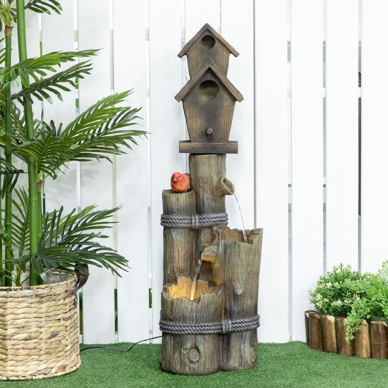 JXXRZ 3-Tier LED Birdhouse Fountain - Weatherproof Rustic Log Waterfall for Garden, Yard Decor with Bird Bath