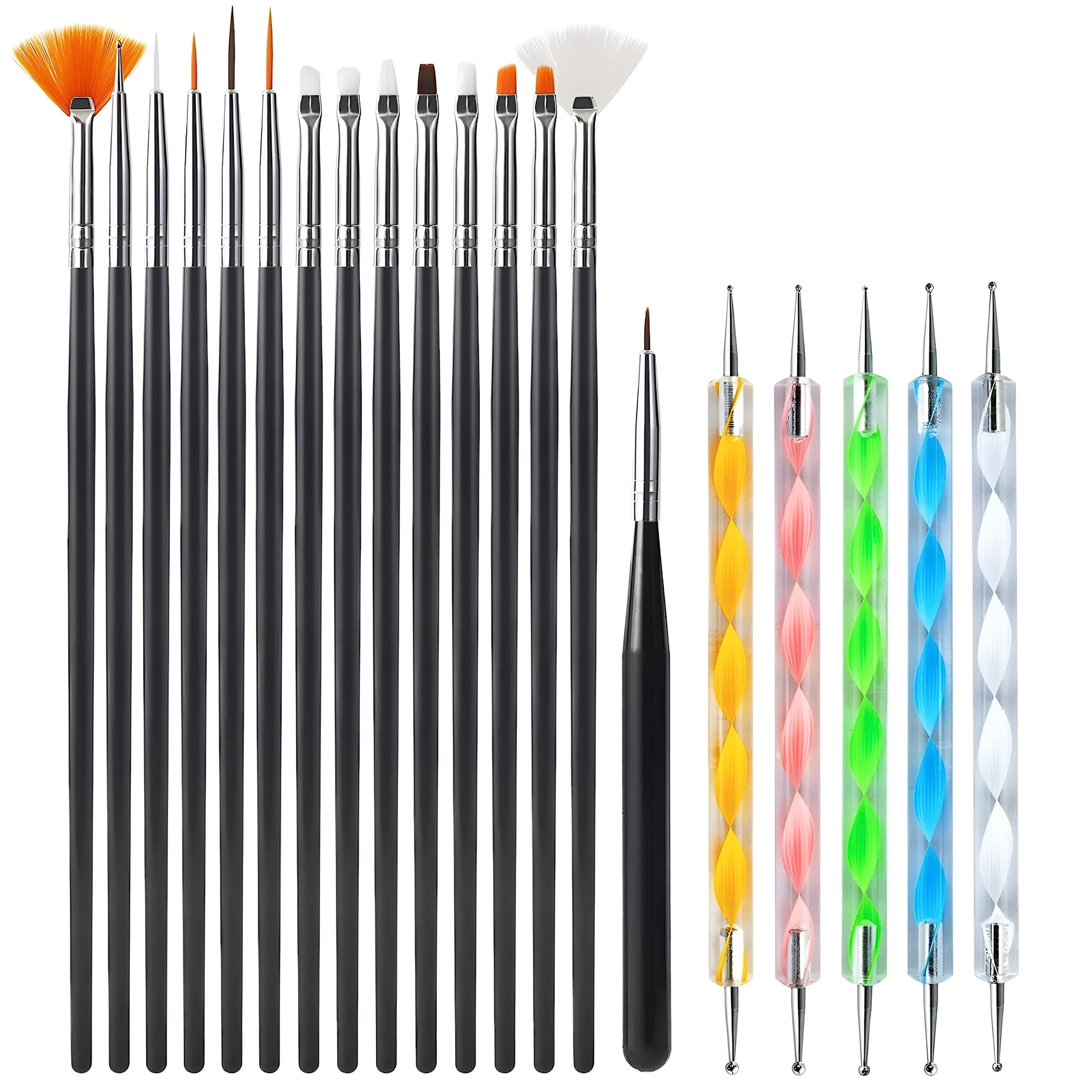 JacobsParts 20-Piece Professional Nail Art Brushes Set, Dotting Tools, Dust Brush, Nail Drawing Pen for Perfect Manicure and Detailed Designs (Black)