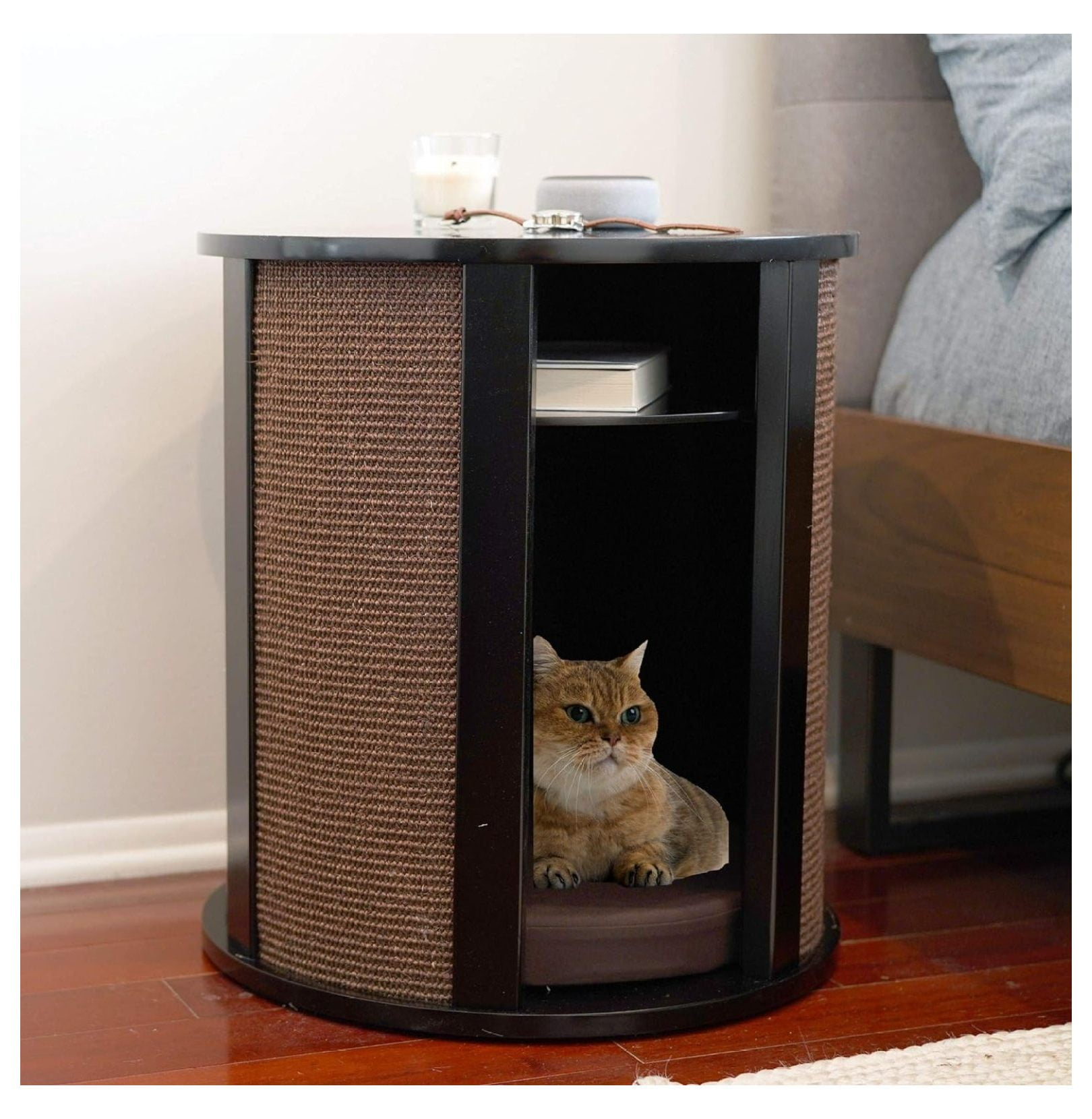 Jadona Purrrrfect End Table Cat Bed Cave in Black Espresso, Multipurpose Wood Cat Furniture Nightstand, Easy to Clean Covered Cat Bed with Replaceable Scratching Post & Washable Cushion
