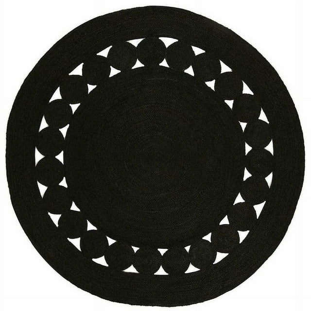 Jaipur Art And Craft Handmade Area Carpet Round Braided Natural Unbleached Jute Rug in Black Color (8x8 Sq Feet)