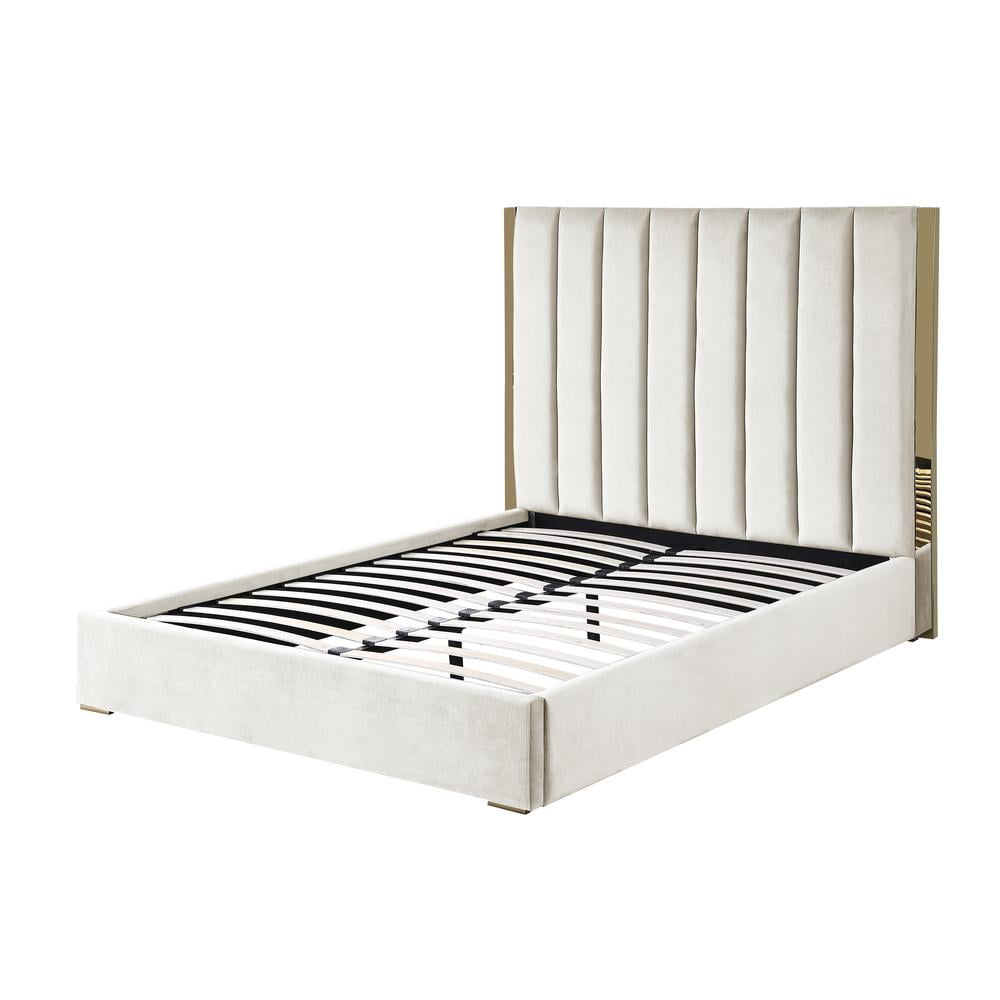 Jalen Beige Velvet California King Platform Bed with Gold Accents