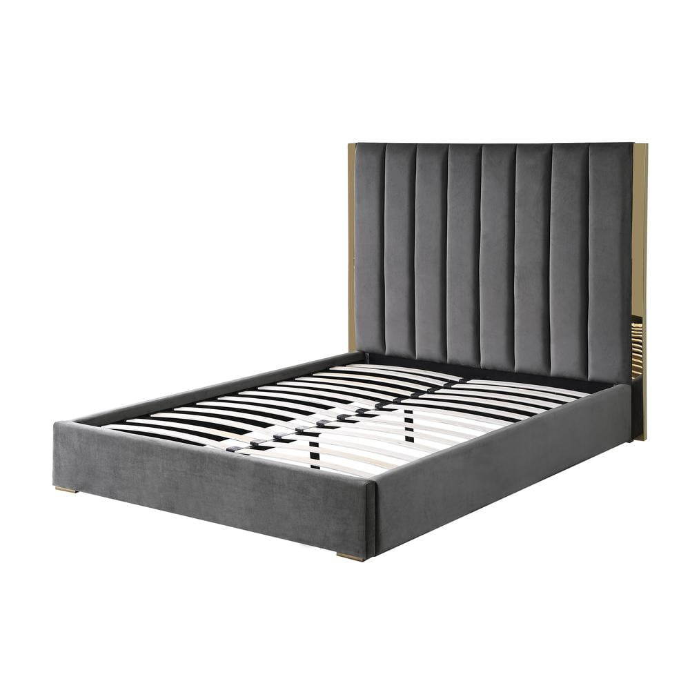 Cama con Plataforma King de Terciopelo Gris Oscuro Jalen con Detalles Dorados
