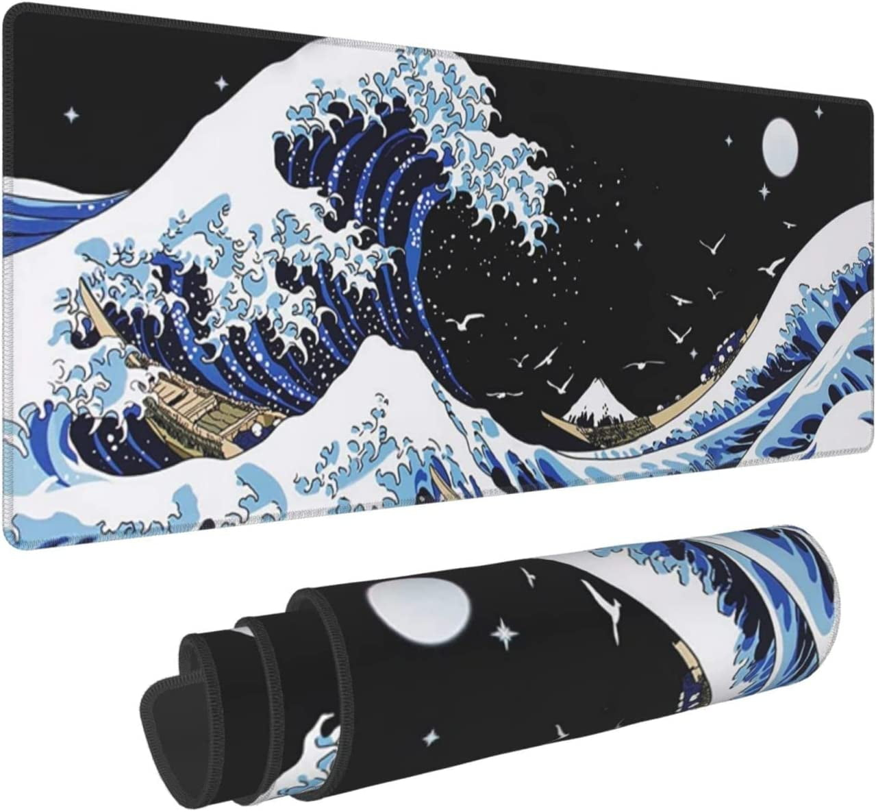 Japanese Blue and Black Sea Wave Mouse Pad Abstract Blue Desk Mat 31.5x11.8 Inch Sea Wave Texture Non-Slip Rubber Base Wave Mousepad Stitched Edges Keyboard Mouse Mat Desk Pad for Office Home Game