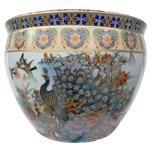 Japanese Satsuma Peacock Planter (14" W x 11" H , Base 9.25) - Oriental Furniture Warehouse