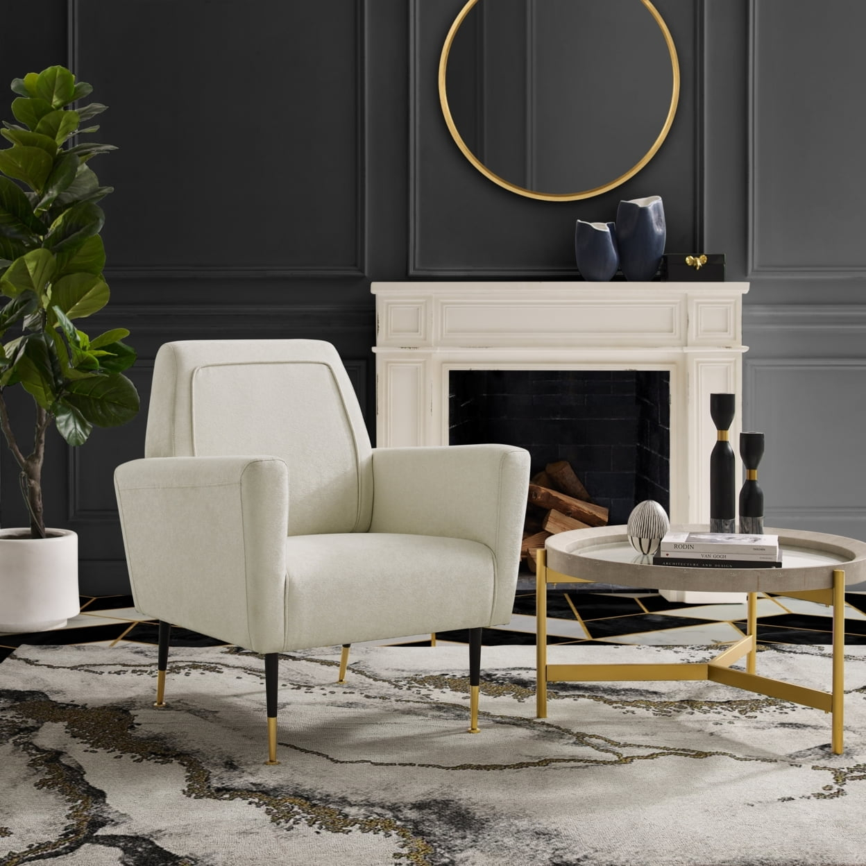 Jaren Accent Chair - Piping Detail Square Arms  Tapered Legs Coil Spring  Gold Tipped Legs