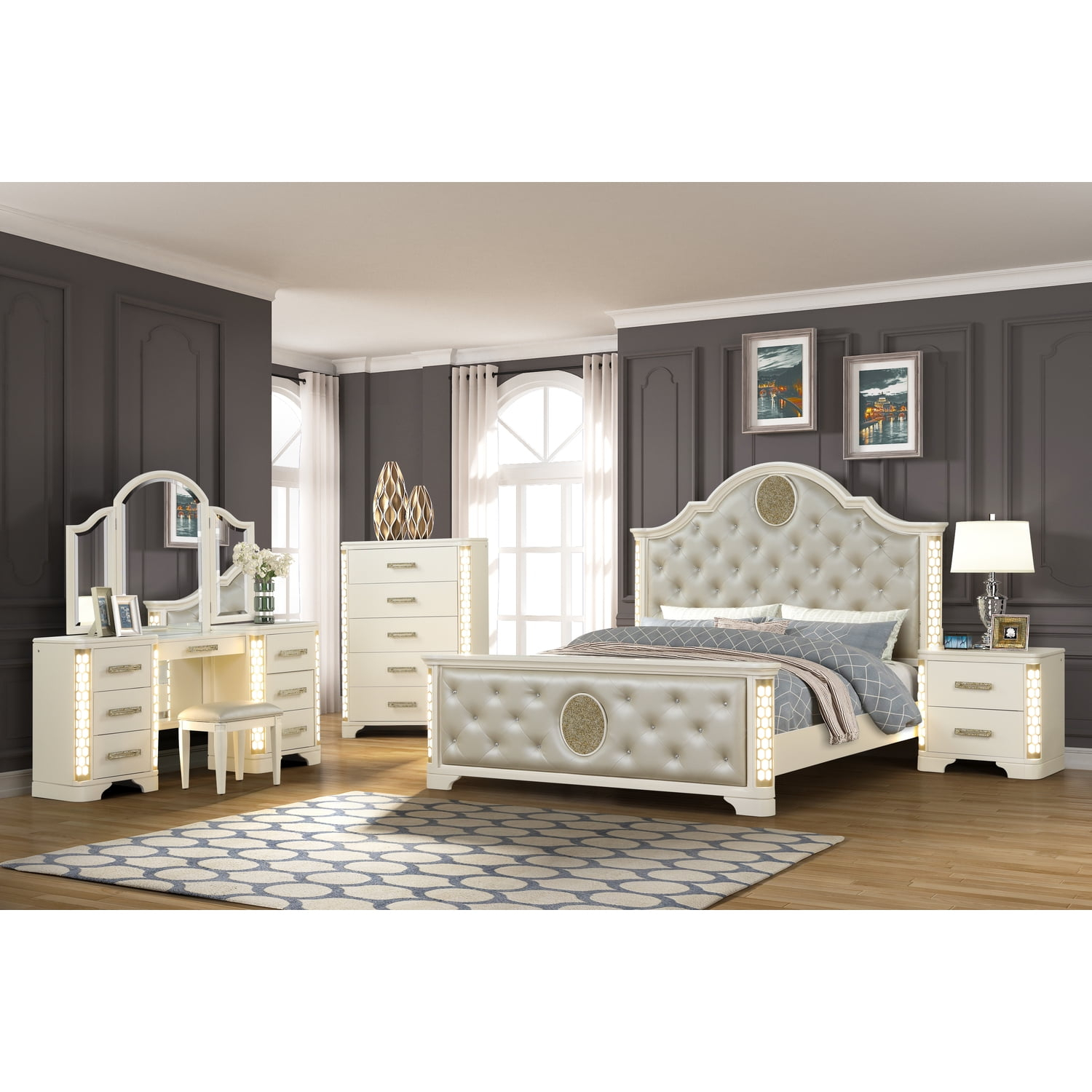 Jasmine Queen 5-N Pc Unique LED Bedroom Set made with Wood in Beige