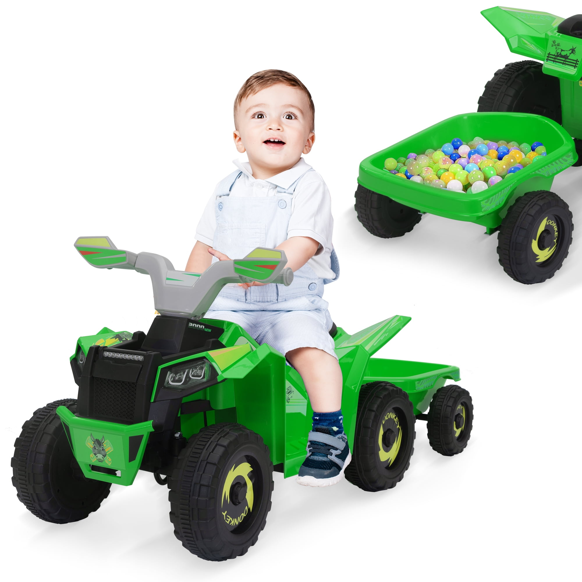 Jaxpety Kids ATV, 6V 4 Wheeler Electric Quad Car Ride on Toys with Trailer, Bluetooth, Music, Horn, Green