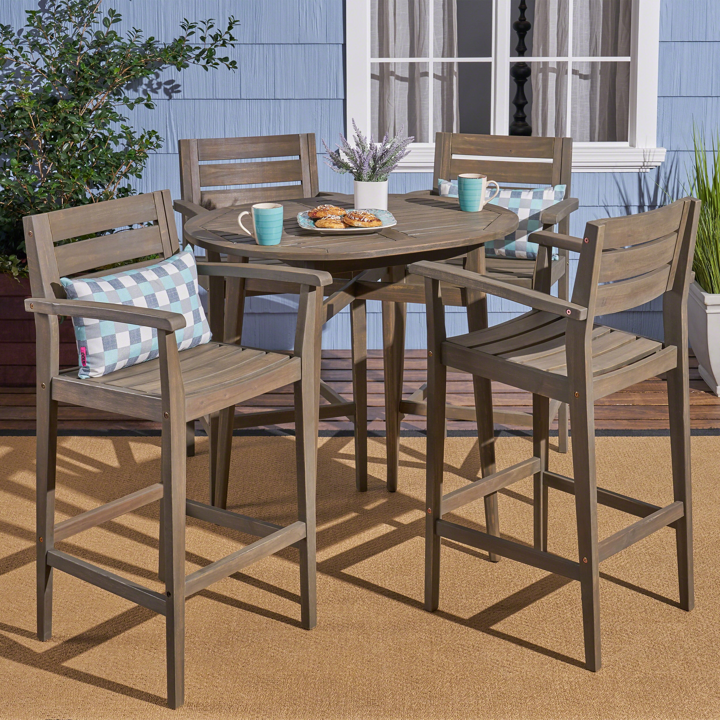 GDF Studio Brigitte Outdoor Acacia Wood 5 Piece Bar Set, Gray
