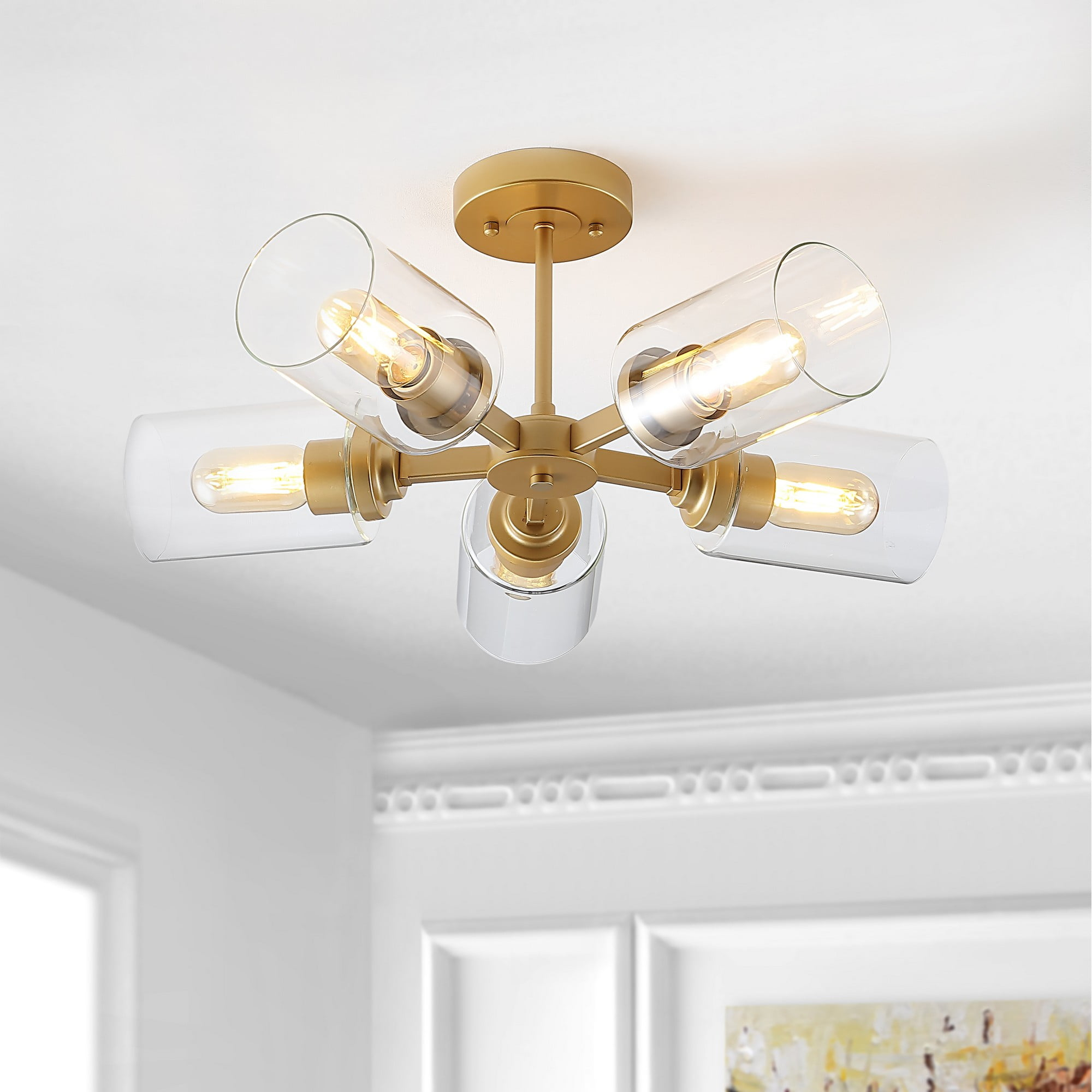 Jaynie 21.5" 5-Light Farmhouse Industrial Iron Cylinder LED Semi Flush Mount, Brass Gold/Clear