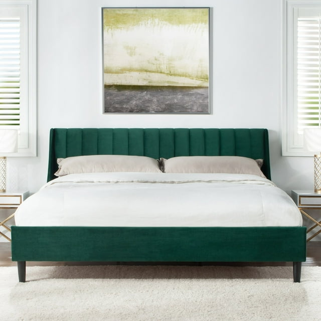 Jennifer Taylor Home Aspen Vertical Tufted Upholstered Platform Bed Evergreen Velvet King Mid-Century Modern,Modern & Contemporary Velvet