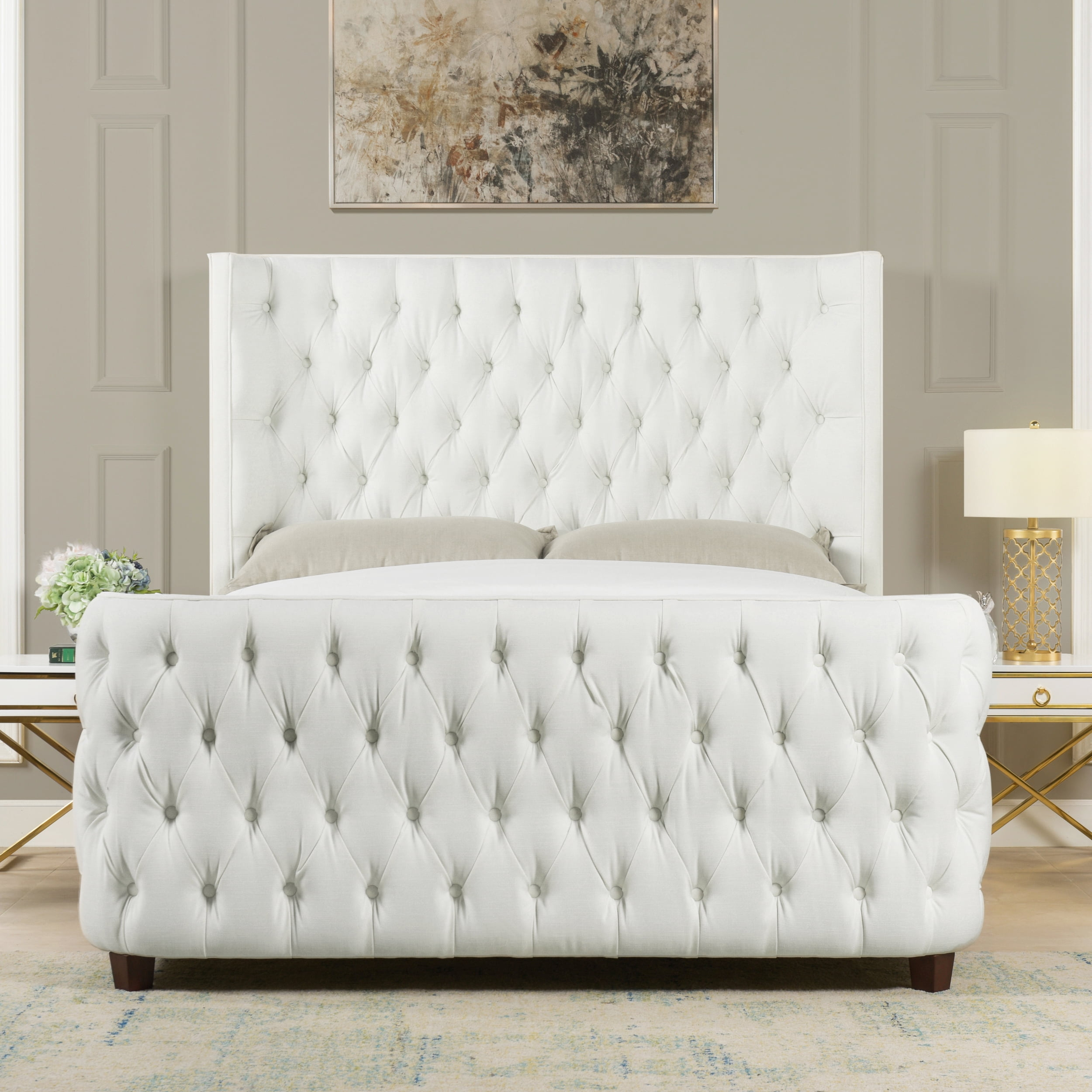 Jennifer Taylor Home Brooklyn Queen Tufted Linen Bed Light Beige