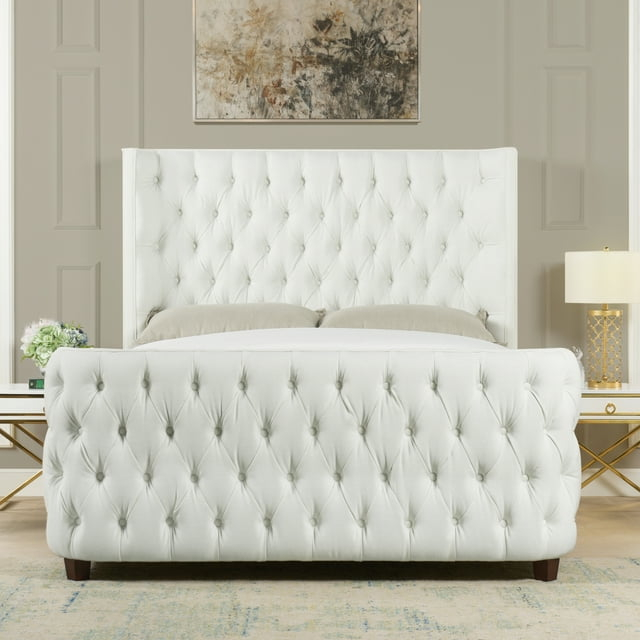 Jennifer Taylor Home Brooklyn Queen Tufted Linen Bed Light Beige