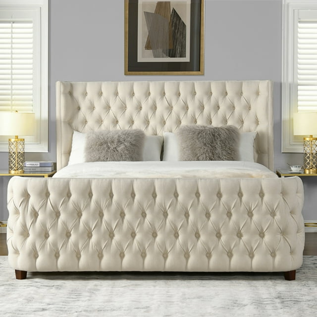 Jennifer Taylor Home Brooklyn Tufted Bed King Light Beige Linen