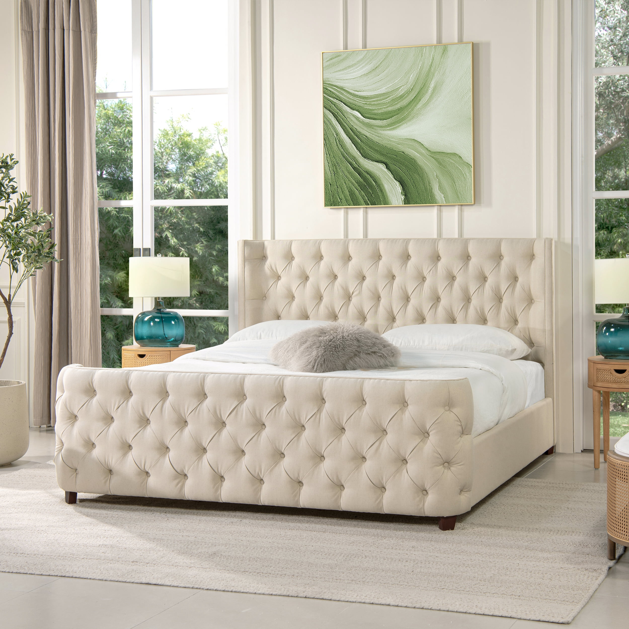 Jennifer Taylor Home Geneva Curved Wing Upholstered Platform Bed Frame, King, Light Beige Linen