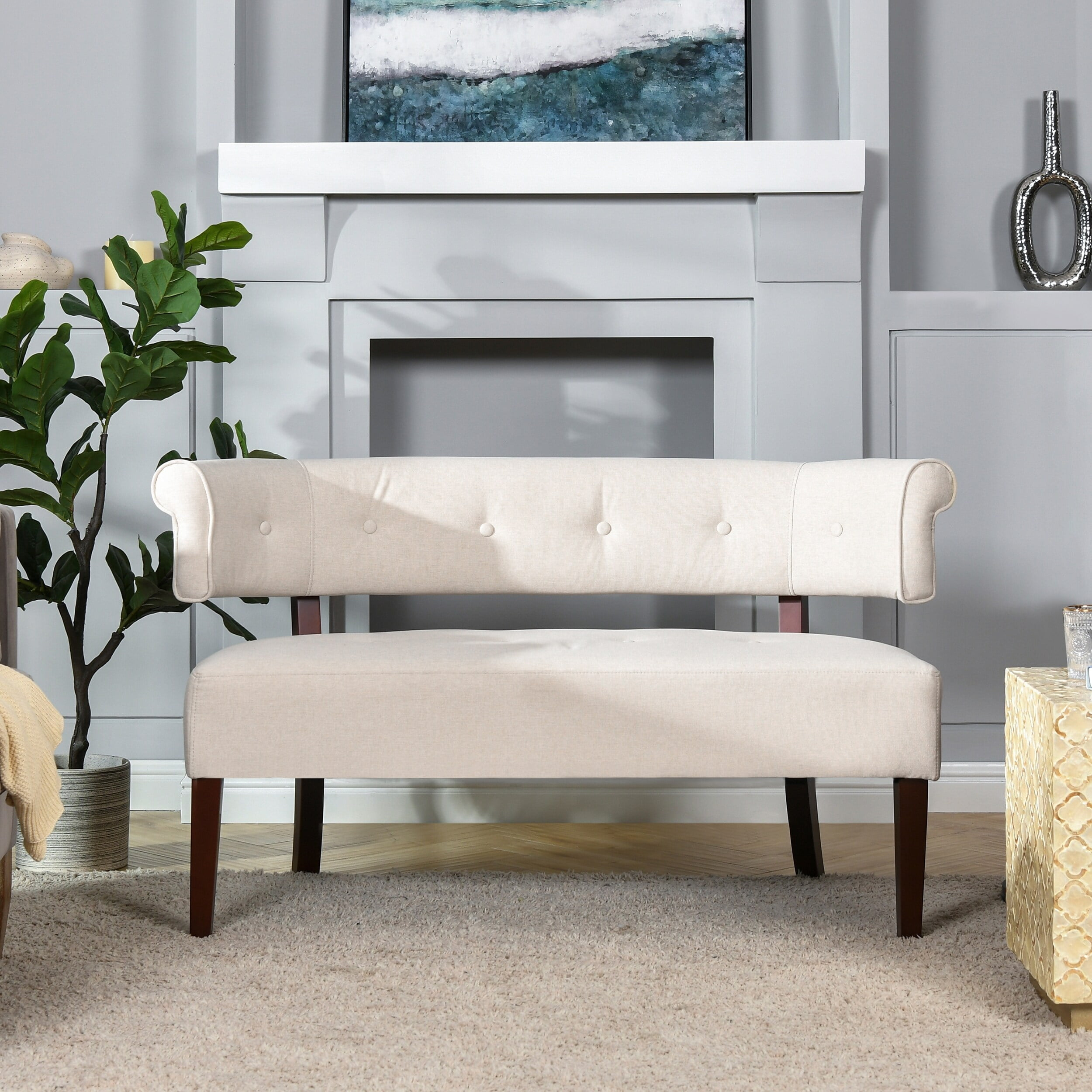 Jennifer Taylor Home Jared Roll Arm Tufted Polyester Fabric Bench, Sky Neutral Beige