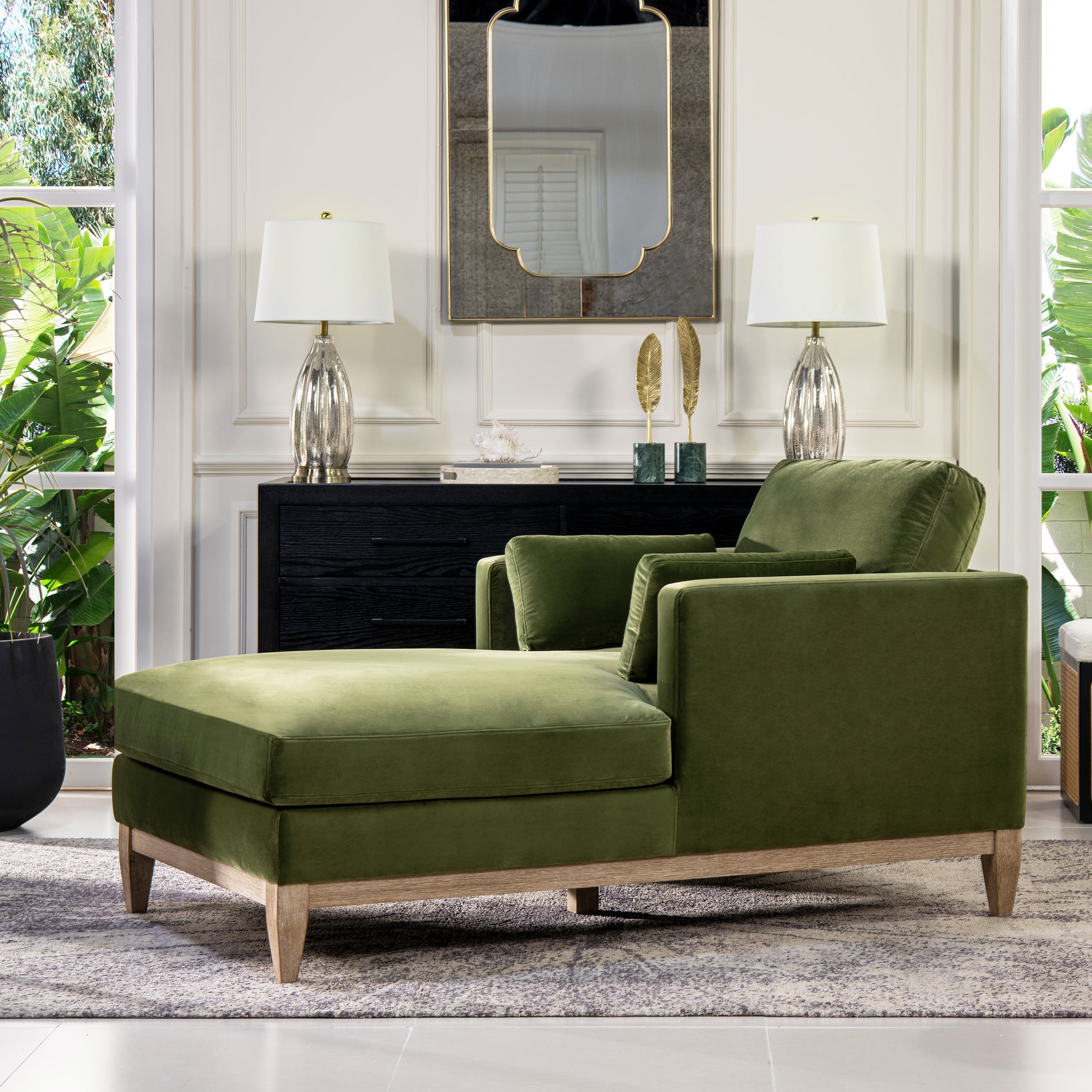 Jennifer Taylor Home Knox 65" Modern Farmhouse Performance Velvet Living Room Chaise Lounge Chair in Olive Green