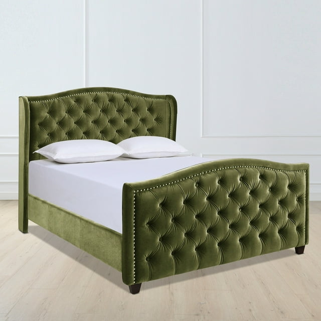 Jennifer Taylor Home Marcella Tufted Wingback Queen Bed Olive Green