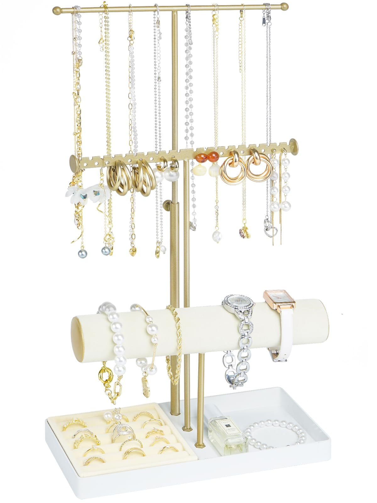 Jenseits Jewelry Organizer Stand Necklace Holder Organizer, 3-Tier Earrings Organizer w/Bracelet Storage Display & Velvet Ring Tray, Cute Metal Aesthetic Jewelry Tower Rack for Women Girls - Gold C47