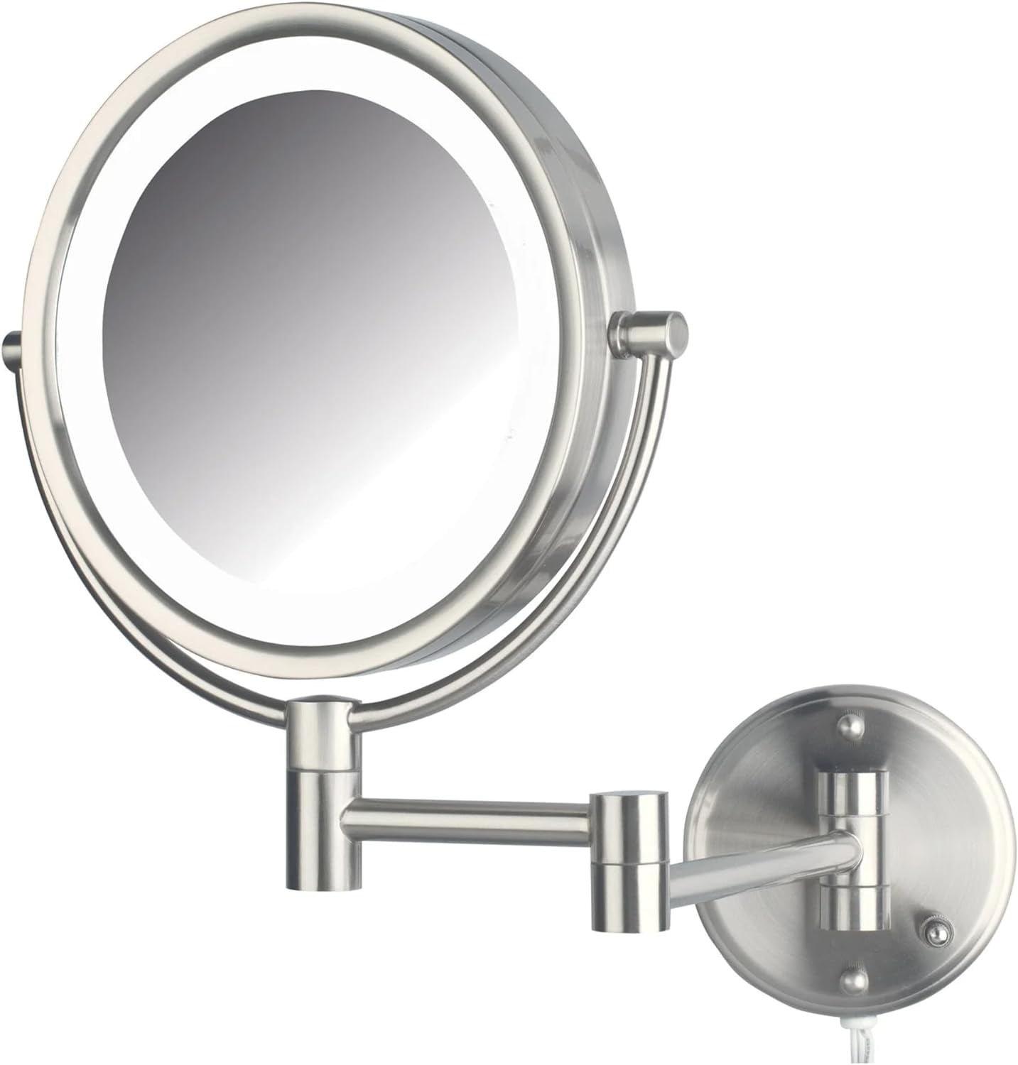 Jerdon Wall-Mounted Makeup Mirror with LED lighting - 8.5" Round Mirror Frame - 8X Magnification - Nickel Finish - Plug in - Model HL88NL